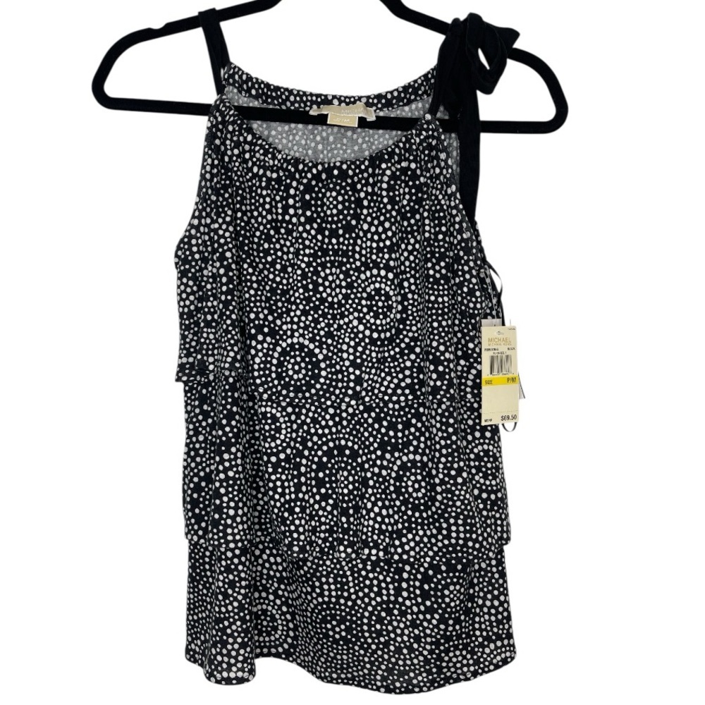 NWT Michael Kors Black and White Polka Dot Sleeveless Tie Bow Tiered Top Petite